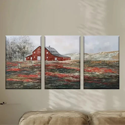3pcs Red Barn in Field Wall Art Set Canvas Unframed - High Quality Print 100% Australian Made Wall Canvas - Bella Home Decor