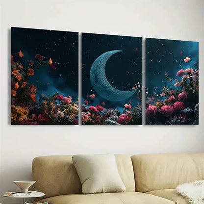 3pcs Floral Crescent Moon Dark Academia Wall Art Set Canvas Unframed - High Quality Print 100% Australian Made Wall Canvas - Bella Home Decor