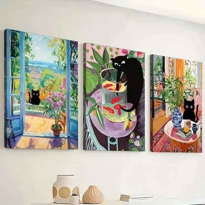3pcs Cat and Flowers Artwork, Serene Wall Art Set Canvas Unframed - High Quality Print 100% Australian Made Wall Canvas - Bella Home Decor