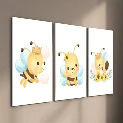 3pcs Cartoon Bees Flowers & Butterflies  Wall Art Set Canvas Unframed - High Quality Print 100% Australian Made Wall Canvas - Bella Home Decor
