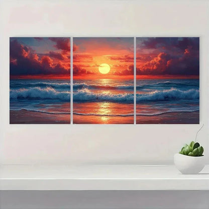 3pcs Beach Sunset Vibrant Abstract Ocean Waves Wall Art Canvas Unframed – High Quality Print 100% Australian Made Wall Canvas - Bella Home Decor