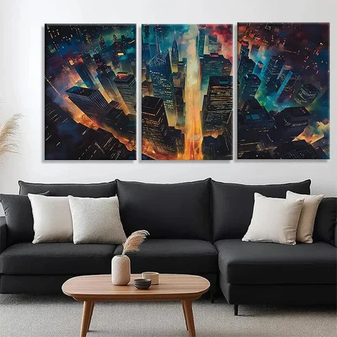 3pcs Stunning Aerial View of City Lights Perfect Wall Art Set Canvas Unframed - High Quality Print 100% Australian Made Wall Canvas