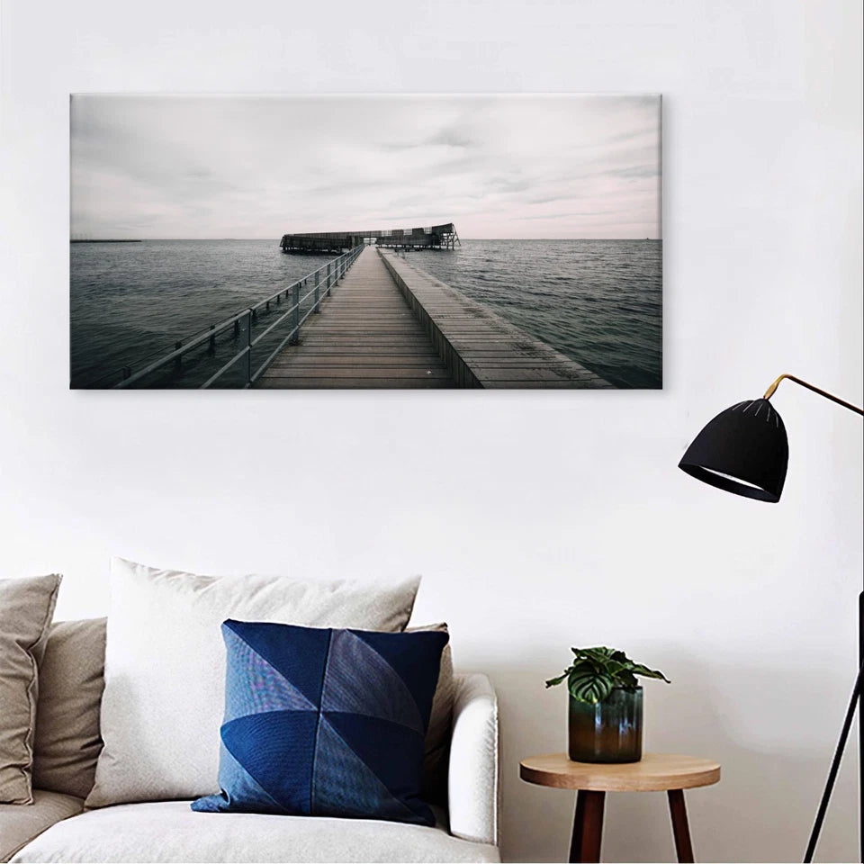 Wooden Pier Over Ocean Neutral Muted Wall Art Canvas Office Home Framed 120x60cm