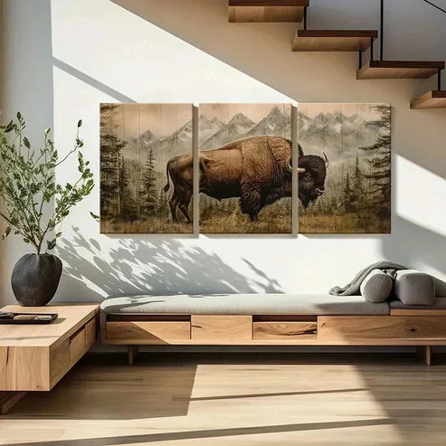 3pcs Cattle American Bison Painting Wall Art Canvas Unframed - High Quality Print 100% Australian Made Wall Canvas - Bella Home Decor
