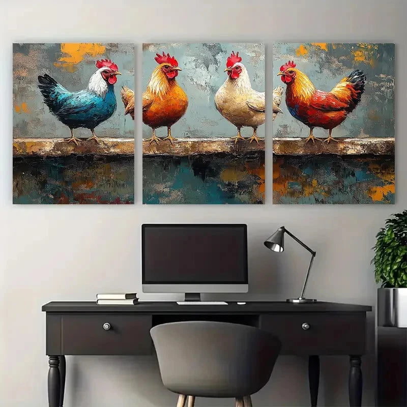 3pcs Vibrant Rooster Colorful Farm Birds Perfect Wall Art Set Canvas Framed 40x60cm - High Quality Print 100% Australian Made Wall Canvas Ready to Hang