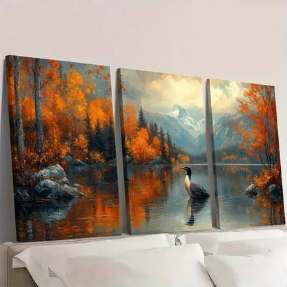 3pcs Loon Lake Landscape Painting Perfect Wall Art Canvas Unframed – High Quality Print 100% Australian Made Wall Canvas