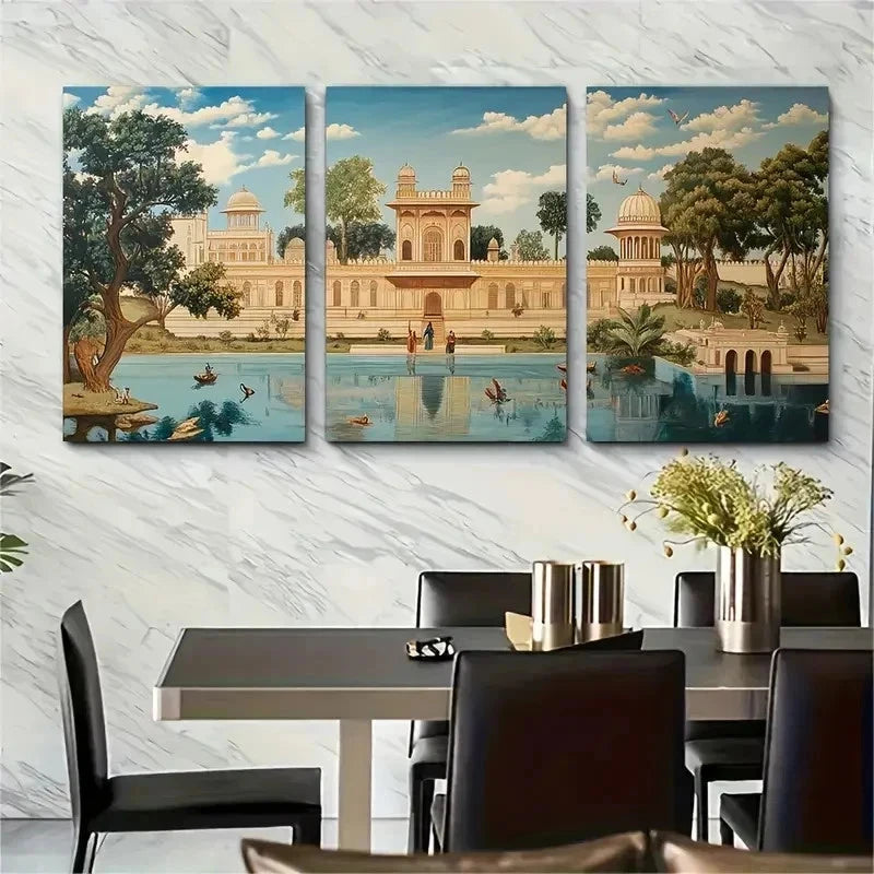 3pcs Mughal Era Palace Scene Décor Perfect Wall Art Set Canvas Framed 50x70cm - High Quality Print 100% Australian Made Wall Canvas Ready to Hang