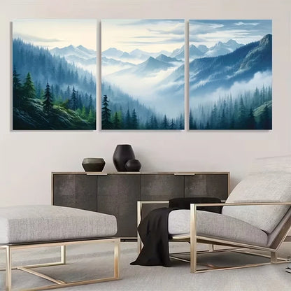 3pcs Misty Blue Forest Landscape Triptych Wall Art Set Canvas Framed 50x70cm - High Quality Print 100% Australian Made Wall Canvas Ready to Hang