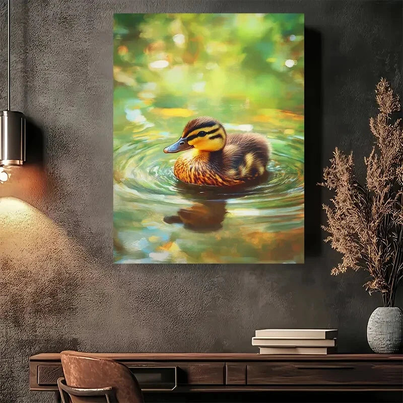 Beautiful Natures Serenity Duckling In Pond Painting  40x60cm Metal Print Ready to Hang - Bella Home Decor