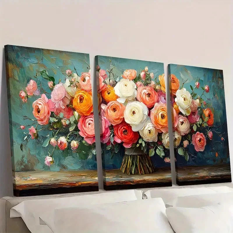 3pcs Vibrant Roses & Peonies in Blue Vase  RP   Wall Art Set Canvas FrMamed 40x60cm - High Quality Print 100% Australian Made Wall Canvas Ready to Hang - Bella Home Decor