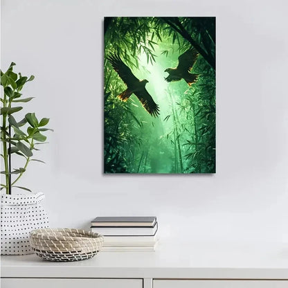 Steampunk Hawks in Bamboo Grove with Neon Painting 40x60cm Metal Print Ready to Hang - Bella Home Decor