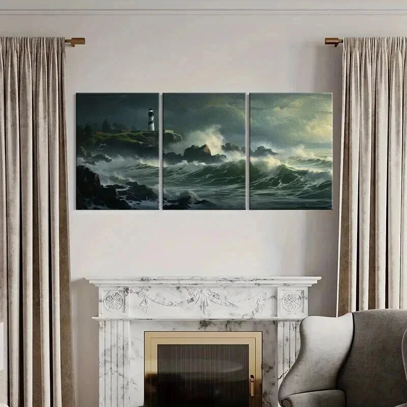 3pcs Lighthouse Overlooking Stormy Sea Waves Wall Art Set Canvas Framed 50x70cm - High Quality Print 100% Australian Made Wall Canvas Ready to Hang - Bella Home Decor