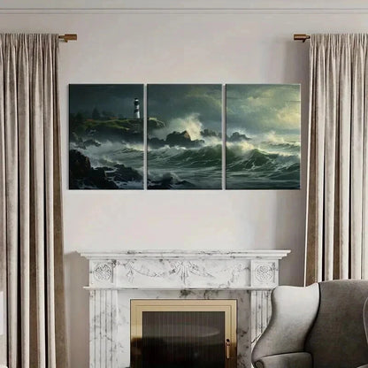 3pcs Lighthouse Overlooking Stormy Sea Waves Wall Art Set Canvas Framed 50x70cm - High Quality Print 100% Australian Made Wall Canvas Ready to Hang - Bella Home Decor