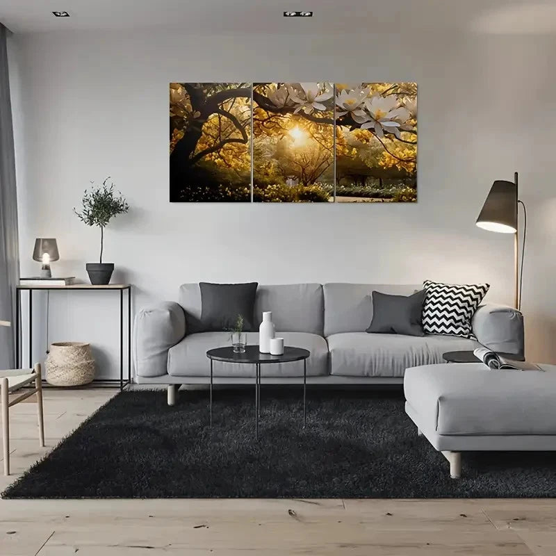3pcs Golden Magnolia Blossom Painting Metal Print Ready to Hang Art - Bella Home Decor