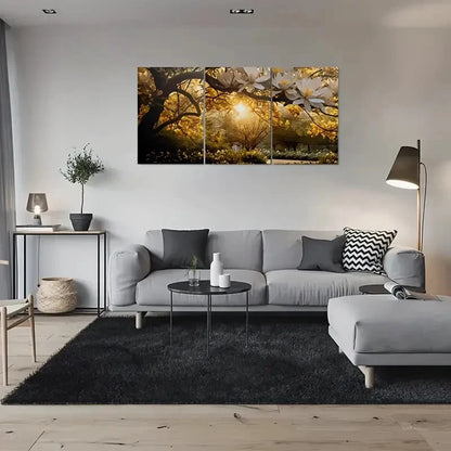 3pcs Golden Magnolia Blossom Painting Metal Print Ready to Hang Art - Bella Home Decor