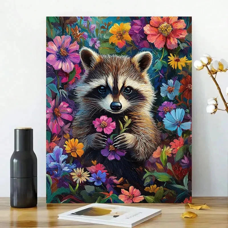 Cute Raccoon With Colorful Flowers Design 40x60cm Metal Print Ready to Hang - Bella Home Decor