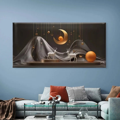 Golden Moon & Leaf Wall Art Canvas Office Home Room Framed 120x60cm