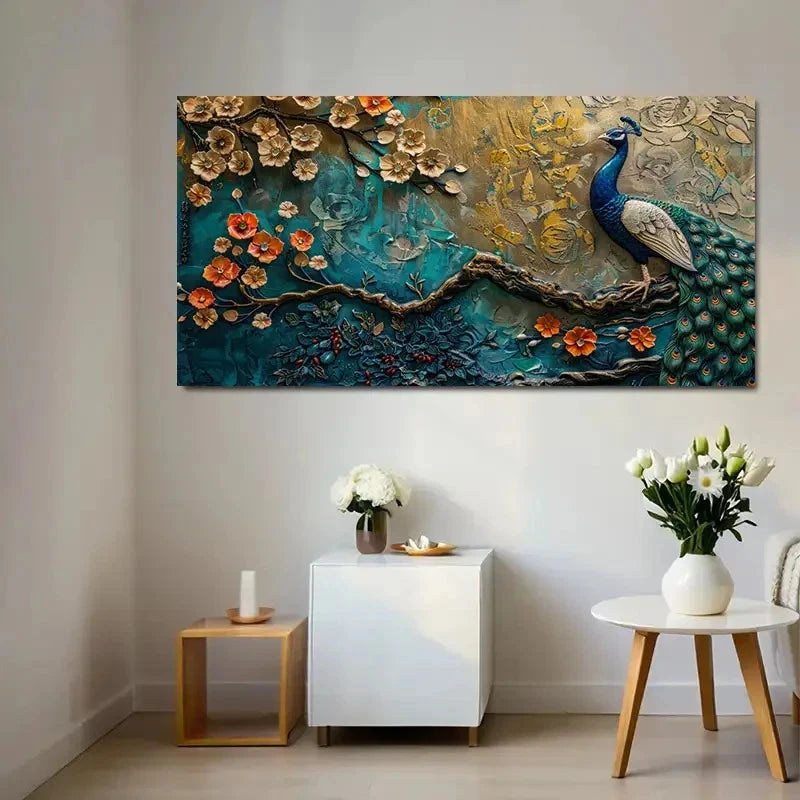 Vibrant Peacock & Floral Wall Art Canvas Office Home Room Framed 120x60cm