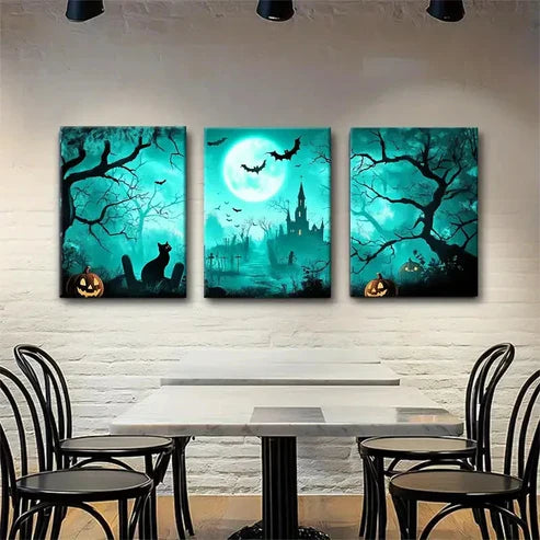 3pcs Spooky Haunted Night Castle Eerie Wall Art Canvas Unframed - High Quality Print 100% Australian Made Wall Canvas