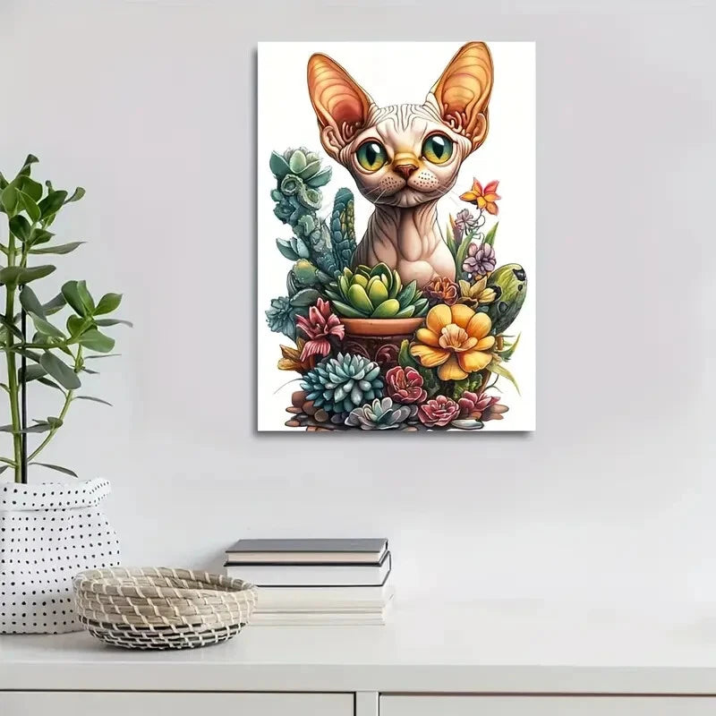 Cute Sphynx Kitten with Colorful Flowers & Plants 40x60cm Metal Print Ready to Hang - Bella Home Decor