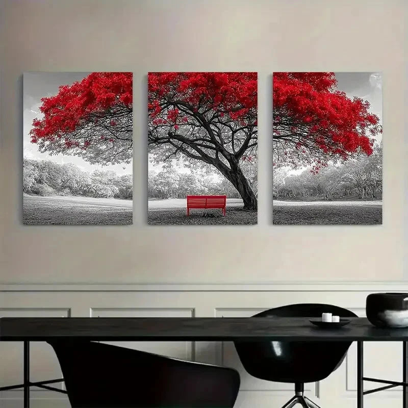 3pcs Rustic Red Tree Black and White Metal Print Ready to Hang Art - Bella Home Decor