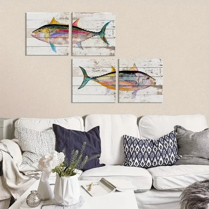 4pcs  Nautical Tuna Fish Canvas Prints Wall Art Canvas Framed