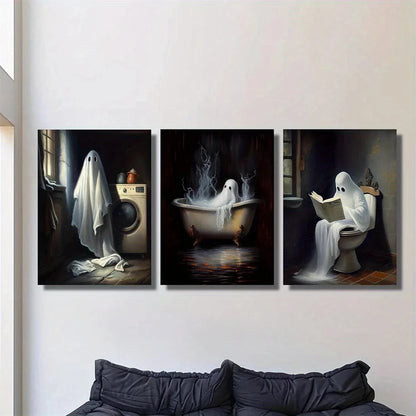 3pcs Charming Horror Ghostly Bathroom Scenes Metal Print Ready to Hang Art - Bella Home Decor
