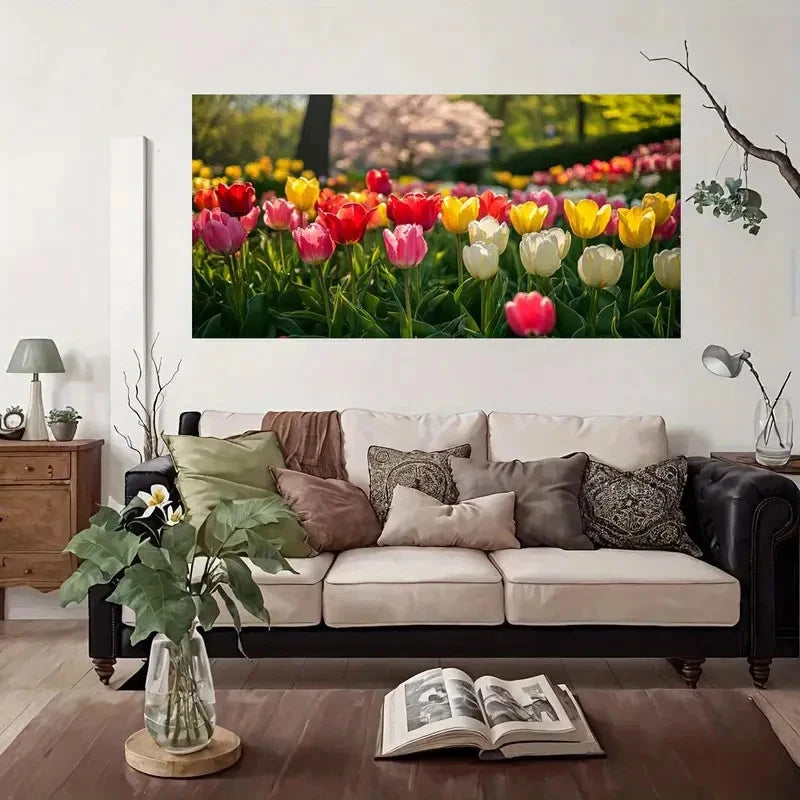 Dutch Style Tulip Field Wall Art Canvas Office Home Room Framed 120x60cm
