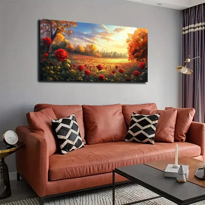 Blooming Red Roses & Autumn Wall Art Canvas Office Home Room Framed 120x60cm - Bella Home Decor