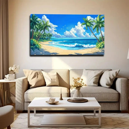 Tropical Beach Scene with Palm Wall Art canvas office home room framed 120x60cm - Bella Home Decor