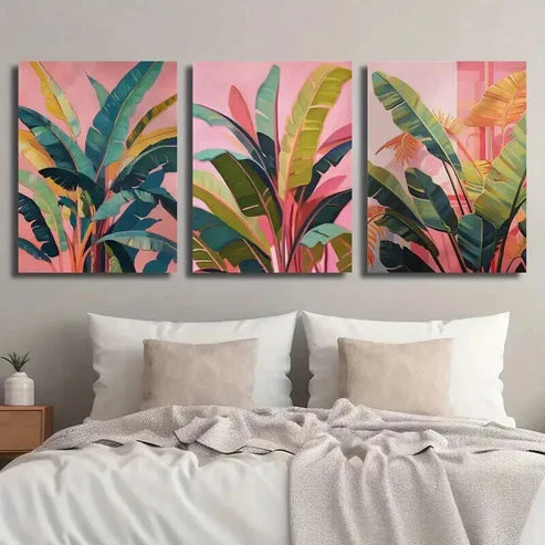 3pcs Tropical Leaves on Pink Background Wall Art Set Canvas Unframed - High Quality Print 100% Australian Made Wall Canvas
