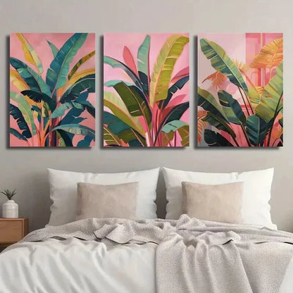 3pcs Tropical Leaves on Pink Background Wall Art Set Canvas Unframed - High Quality Print 100% Australian Made Wall Canvas