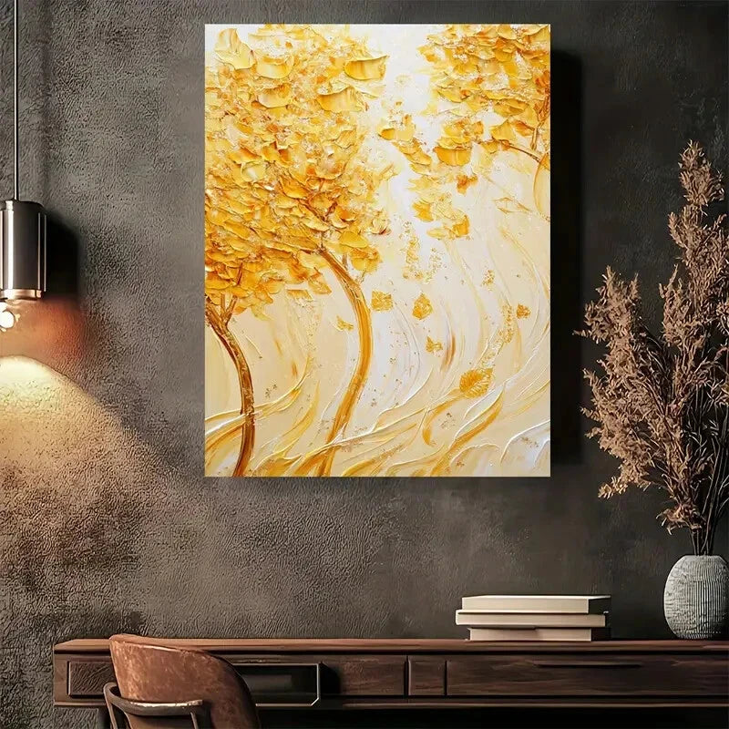 Beautiful Golden Leaf Abstract Painting 40x60cm Metal Print Ready to Hang - Bella Home Decor