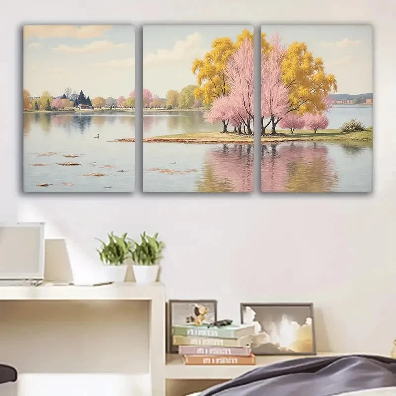 3pcs Serene Cherry Blossom Lake Landscape Wall Art Set Canvas Framed 60x90cm - High Quality Print 100% Australian Made Wall Canvas Ready to Hang