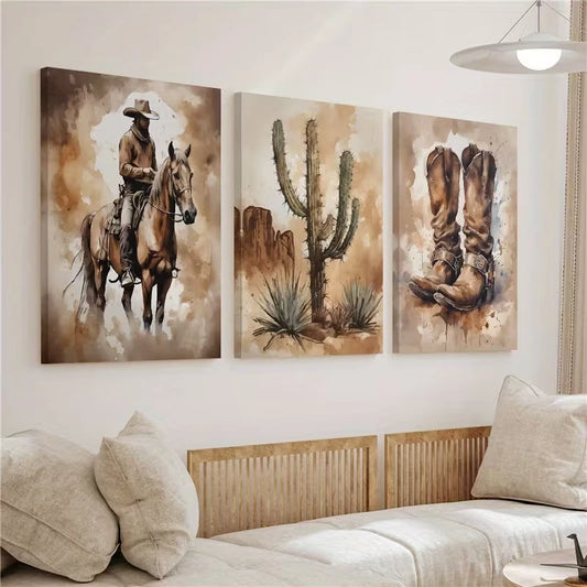 3pcs Vintage Cowboy Painting Wall Art Set Canvas Framed 60x90cm – High Quality Print, 100% Australian Made, Ready to Hang