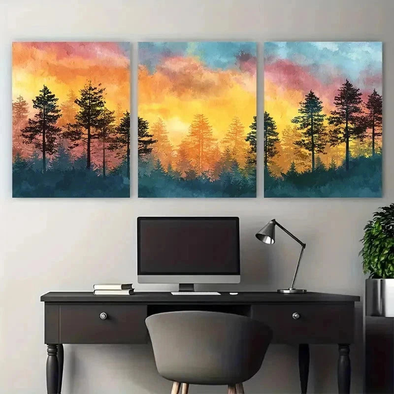 3pcs Vibrant Summer Sky With Pine Trees Perfect Wall Art Set Canvas Framed 50x70cm - High Quality Print 100% Australian Made Wall Canvas Ready to Hang