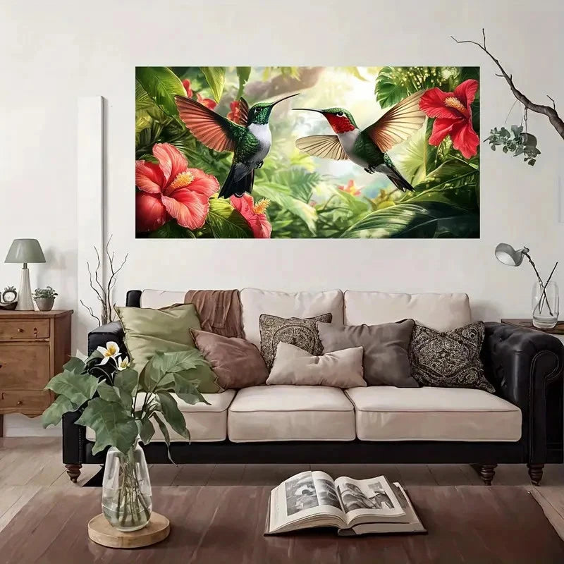 Tropical Garden Hummingbird Wall Art Canvas Office Home Room Framed 120x60cm