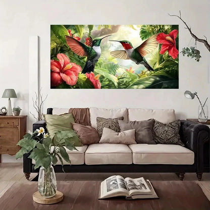 Tropical Garden Hummingbird Wall Art Canvas Office Home Room Framed 120x60cm