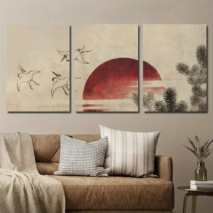 3pcs Vintage Japanese Crane Bird And Sunset Wall Art Set Canvas Unframed - High Quality Print 100% Australian Made Wall Canvas