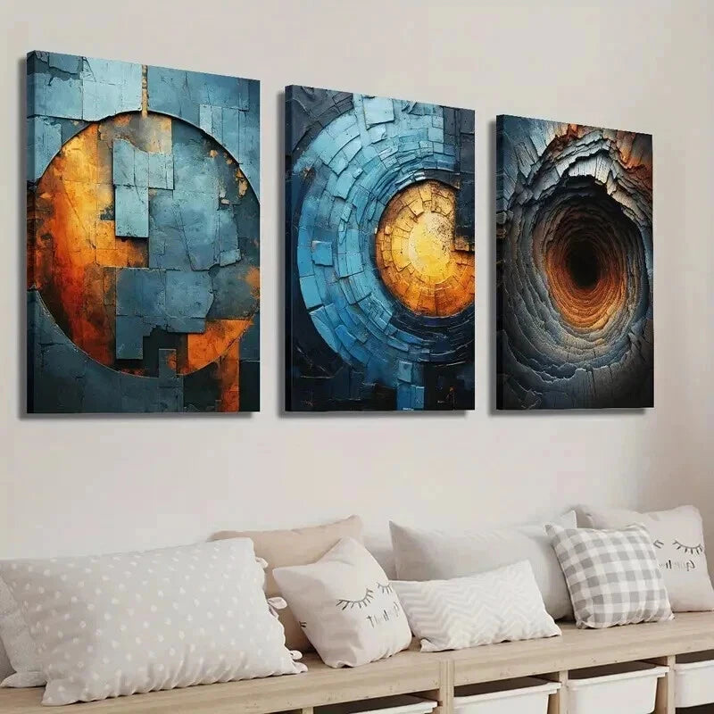 3pcs Abstract Blue Orange Brick Texture Perfect Wall Art Set Canvas Framed 60x90cm - High Quality Print 100% Australian Made Wall Canvas Ready to Hang - Bella Home Decor