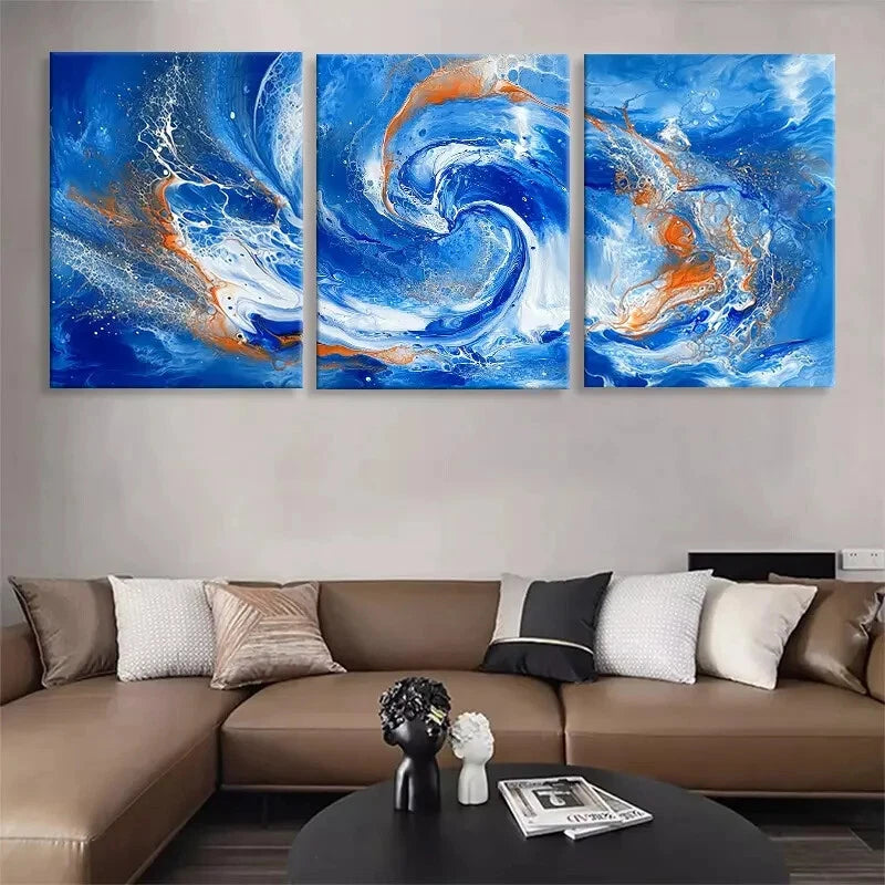 3pcs Abstract Ocean Wave Blue Swirl Fluid Metal Print Ready to Hang Art