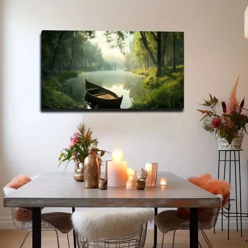 Dining room with a large wall art of a forest scene with a boat, table with decorative items, and chairs.