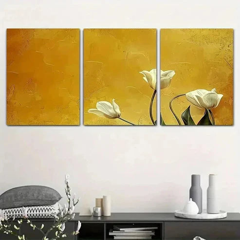 3pcs Elegant White Flowers on Golden Background  Wall Art Set Canvas Unframed - High Quality Print 100% Australian Made Wall Canvas