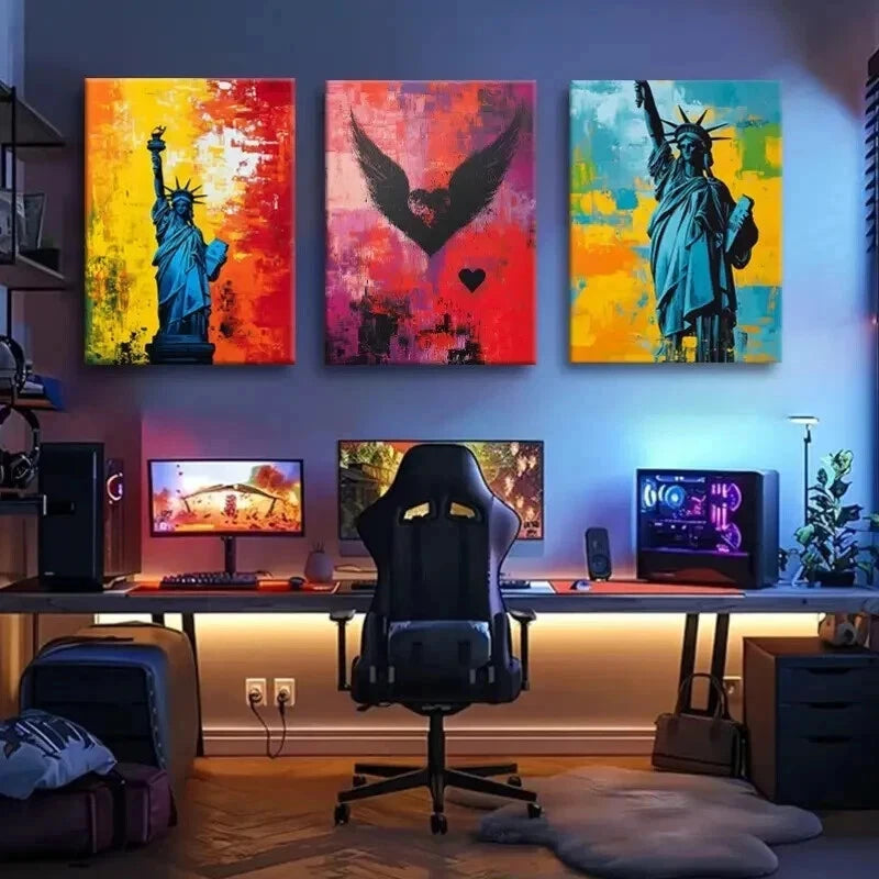 3pcs Statue of Liberty Graffiti Vibrant Perfect Wall Art Set Canvas Framed 50x70cm - High Quality Print 100% Australian Made Wall Canvas Ready to Hang - Bella Home Decor
