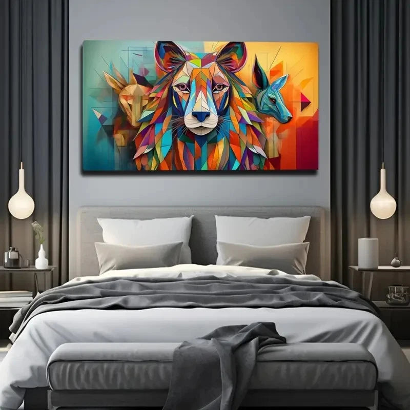 Vibrant Geometric Lion Wall Art Canvas Office Home Room Framed 120x60cm