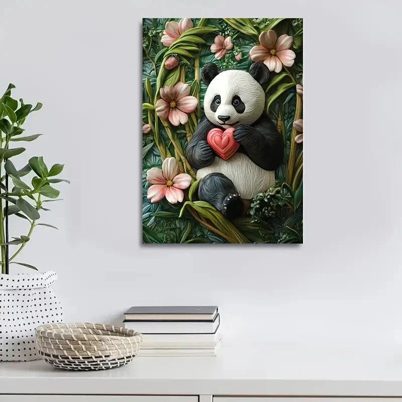 Beautiful Giant Panda Among Flowers Painting 40x60cm Metal Print Ready to Hang - Bella Home Decor