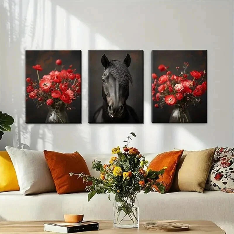 3pcs Majestic Black Horse and Red Floral Perfect Wall Art Set Canvas Framed 60x90cm - High Quality Print 100% Australian Made Wall Canvas Ready to Hang