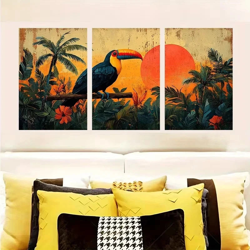 3pcs Tropical Toucan with Sunset Wall Art Set Canvas Framed 50x70cm - High Quality Print 100% Australian Made Wall Canvas Ready to Hang