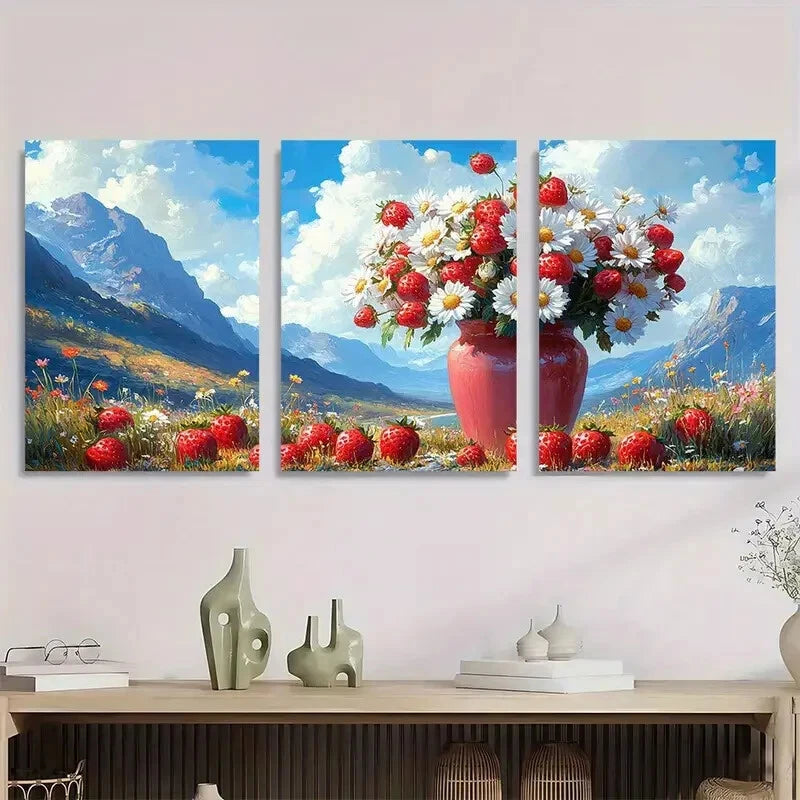 3pcs Floral and Strawberry Vase Design Metal Print Ready to Hang Art - Bella Home Decor