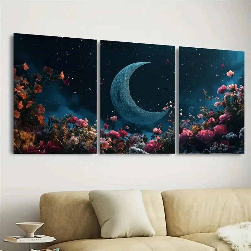 3pcs Floral Crescent Moon Dark Academia Wall Art Set Canvas Framed 40x60cm - High Quality Print 100% Australian Made Wall Canvas Ready to Hang - Bella Home Decor